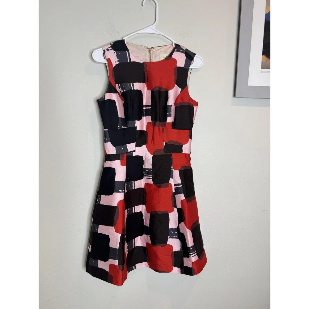 Kate Spade Dress Womens 2‎ Pink Red Black Sleeveless Fit Flare Abstract Silk Bow